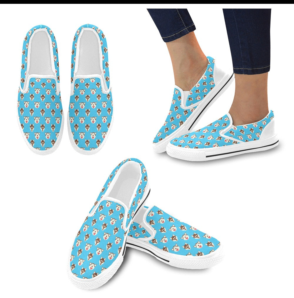 Siberian Huskies Print Design LKS306 White Slip Ons Canvas Women's Shoes