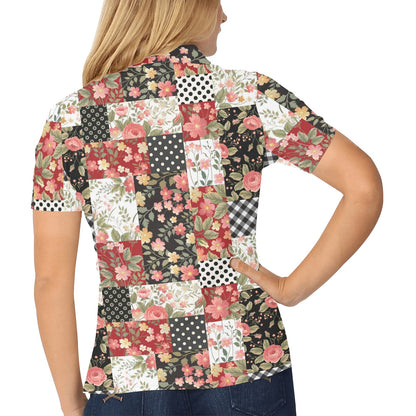 Patchwork Flower Pattern Print Design 03 Women's Polo Shirt
