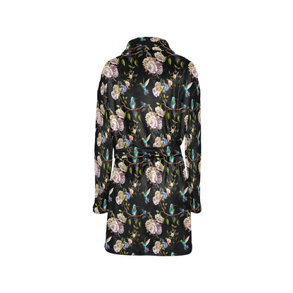 Hummingbird Flower Themed Print Women's Fleece Robe