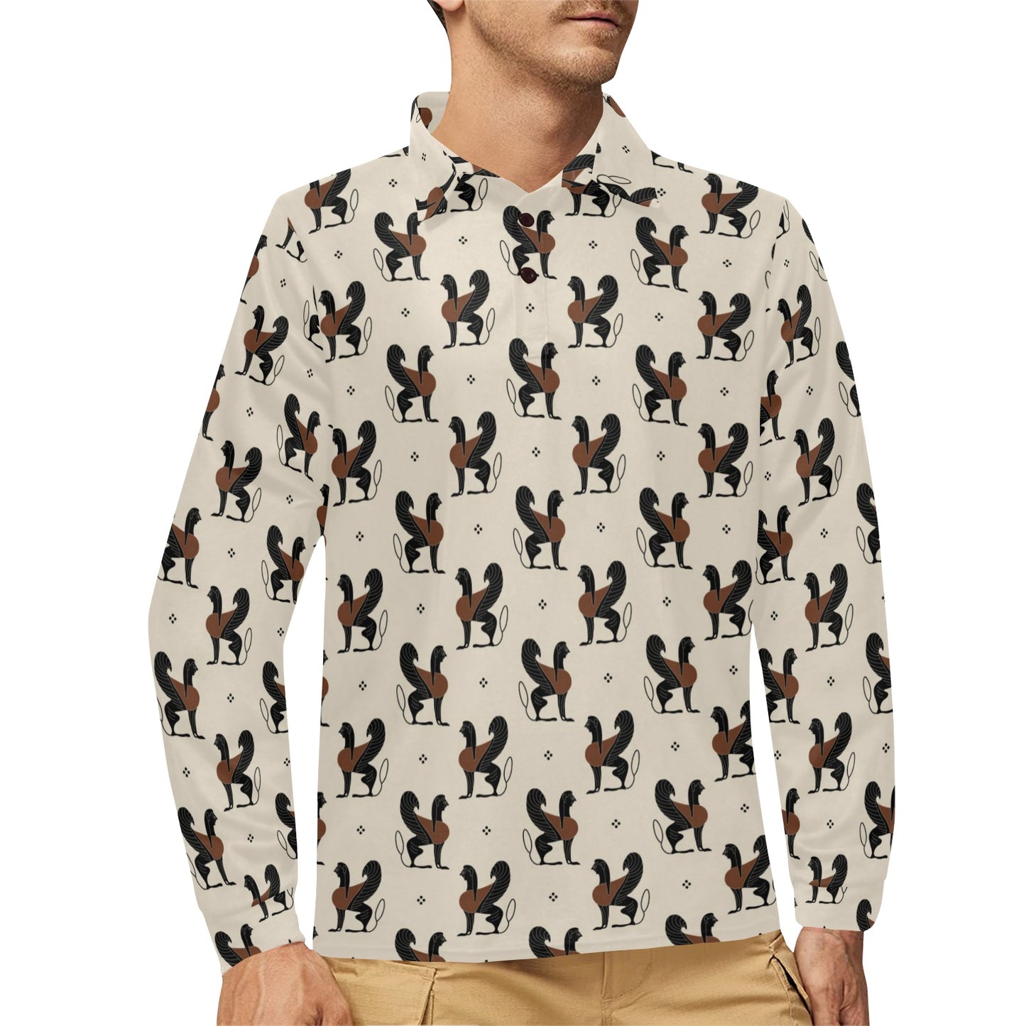 Ancient Greek Print Design LKS3010 Long Sleeve Polo Shirt For Men's