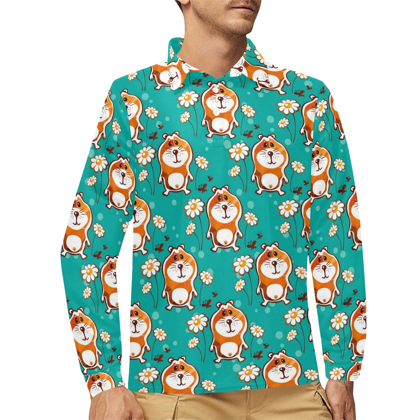 Hamster Pattern Print Design 01 Long Sleeve Polo Shirt For Men's