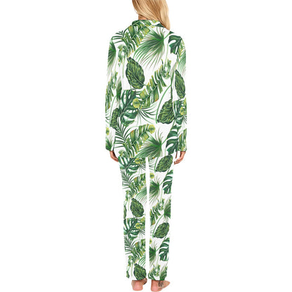 Green Pattern Tropical Palm Leaves Women's Long Pajama Set
