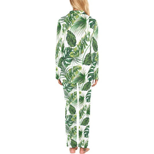 Green Pattern Tropical Palm Leaves Women's Long Pajama Set