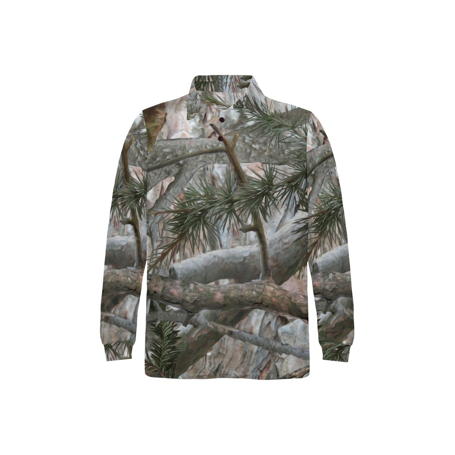 Camo Realistic Tree Forest Pattern Long Sleeve Polo Shirt For Men's