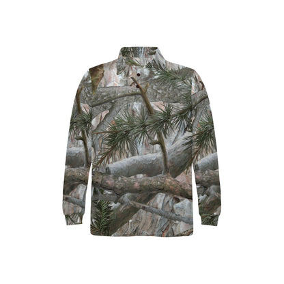 Camo Realistic Tree Forest Pattern Long Sleeve Polo Shirt For Men's