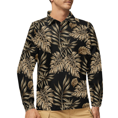 Brown Tropical Palm Leaves Long Sleeve Polo Shirt For Men's