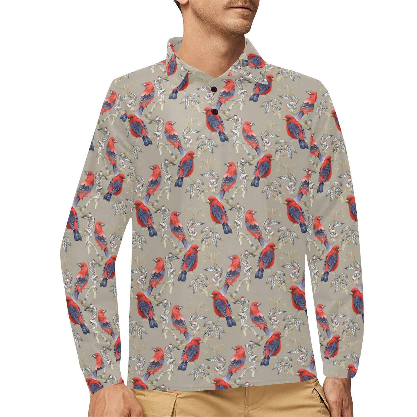 Birds Pattern Print Design 05 Long Sleeve Polo Shirt For Men's