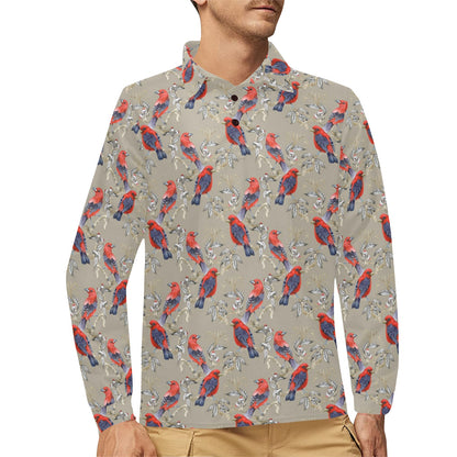 Birds Pattern Print Design 05 Long Sleeve Polo Shirt For Men's