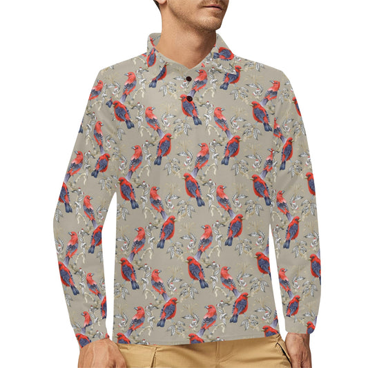 Birds Pattern Print Design 05 Long Sleeve Polo Shirt For Men's
