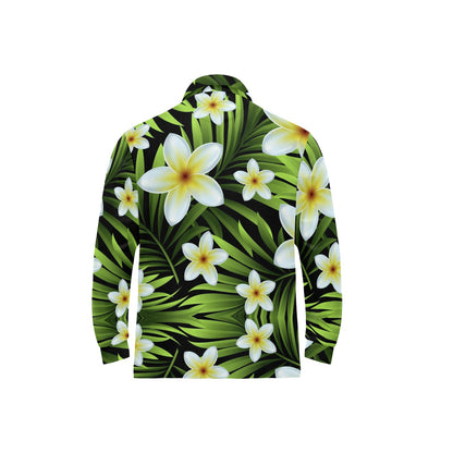 White Plumeria Pattern Print Design PM06 Long Sleeve Polo Shirt For Men's