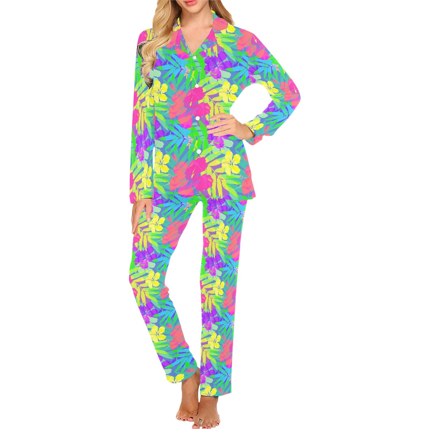 Neon Tropical Pattern Print Design A03 Women's Long Pajama Set