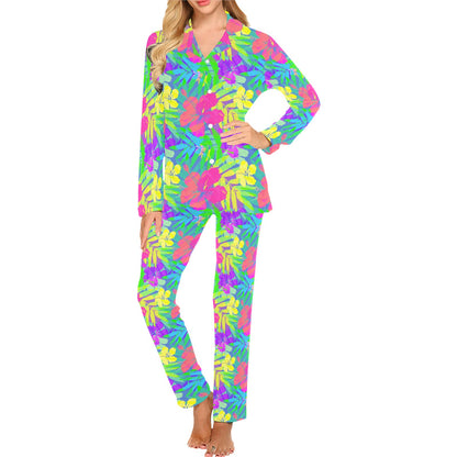Neon Tropical Pattern Print Design A03 Women's Long Pajama Set