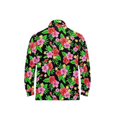 Pink Red Hibiscus Pattern Print Design HB023 Long Sleeve Polo Shirt For Men's
