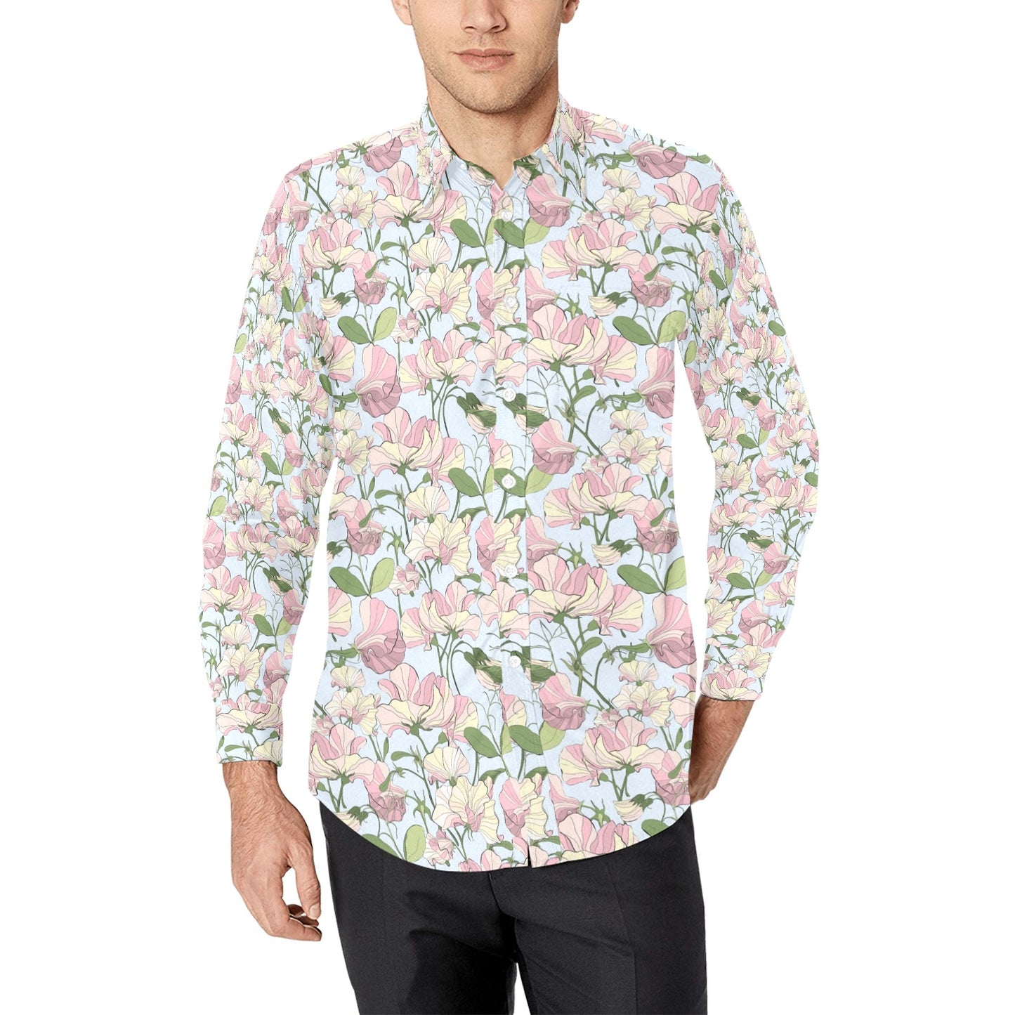 Sweet Pea Print Design LKS304 Men's Long Sleeve Dress Shirt