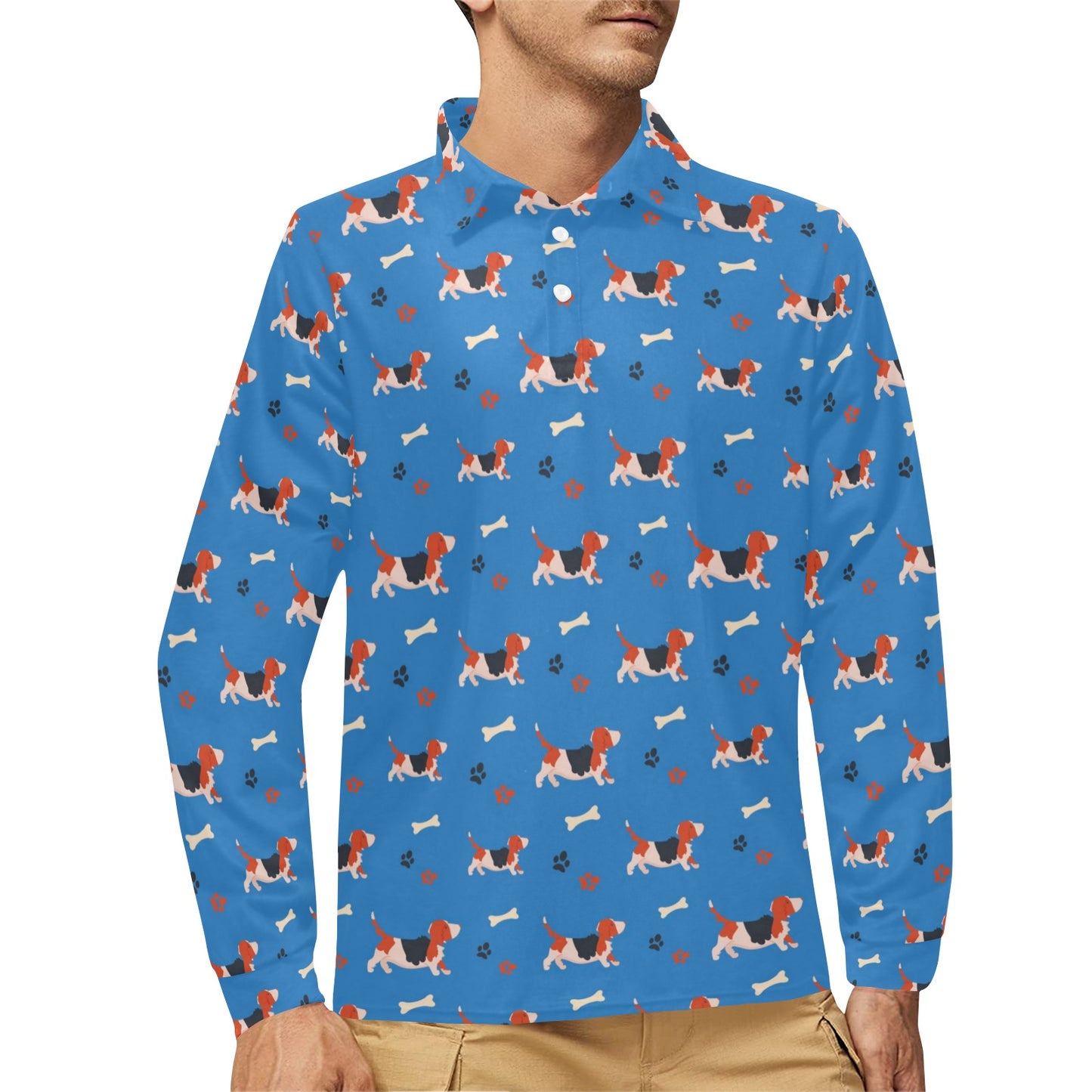 Basset Hound Pattern Print Design 02 Long Sleeve Polo Shirt For Men's