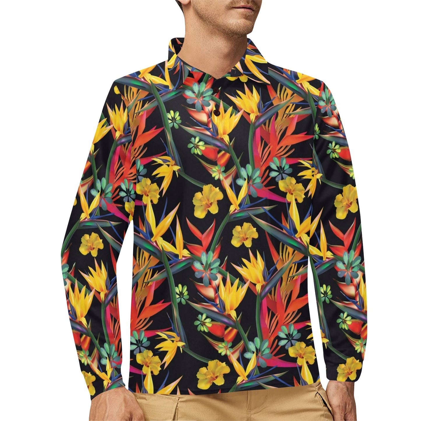 Bird Of Paradise Pattern Print Design BOP016 Long Sleeve Polo Shirt For Men's