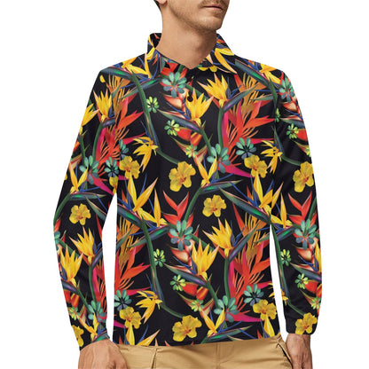 Bird Of Paradise Pattern Print Design BOP016 Long Sleeve Polo Shirt For Men's
