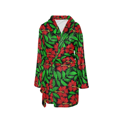 Red Hibiscus Embroidered Pattern Print Design HB032 Women's Fleece Robe