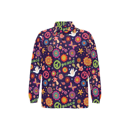 Flower Power Peace Design Print Long Sleeve Polo Shirt For Men's