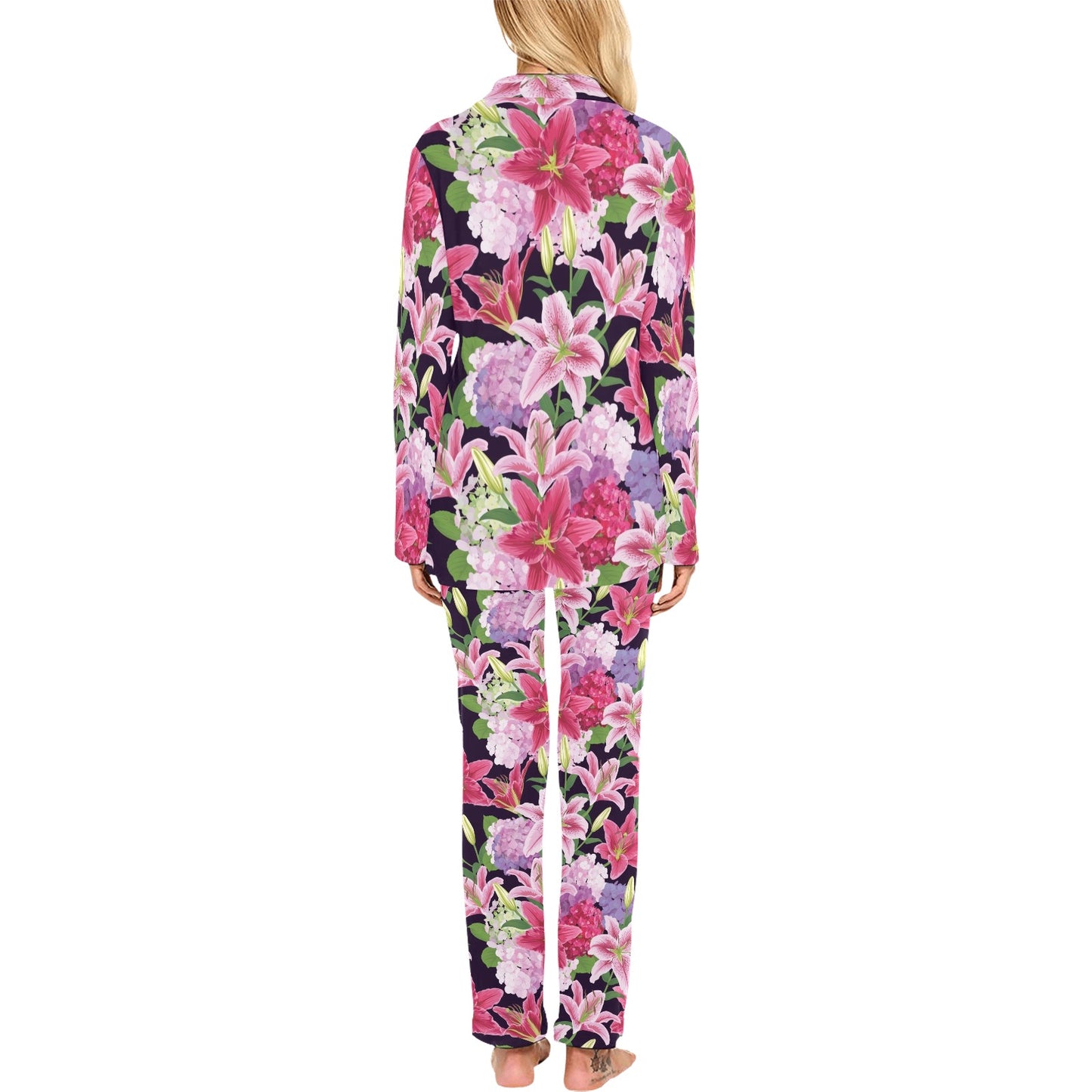 Lily Pattern Print Design LY017 Women's Long Pajama Set