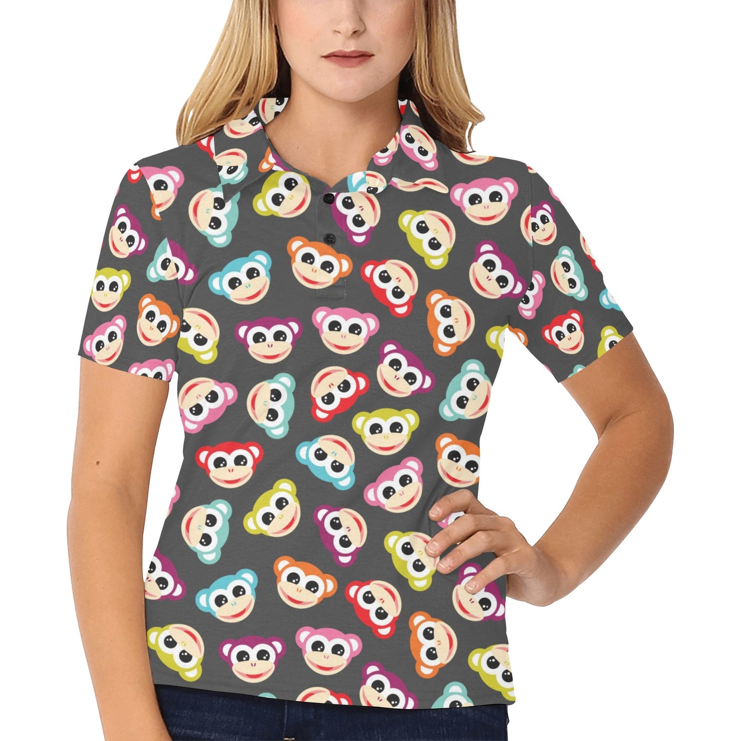 Monkey Head Design Themed Print Women's Polo Shirt