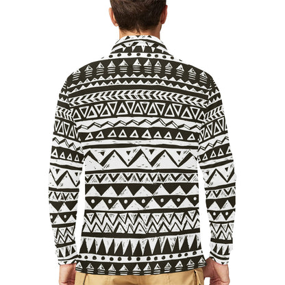 Hand draw Tribal Aztec Long Sleeve Polo Shirt For Men's