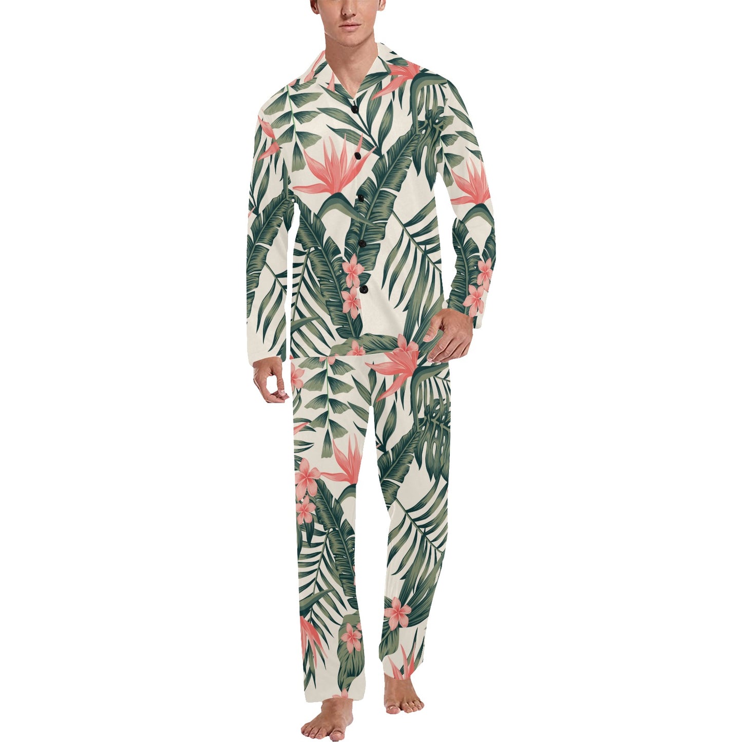 Tropical Flower Palm Leaves Men's Long Pajama Set