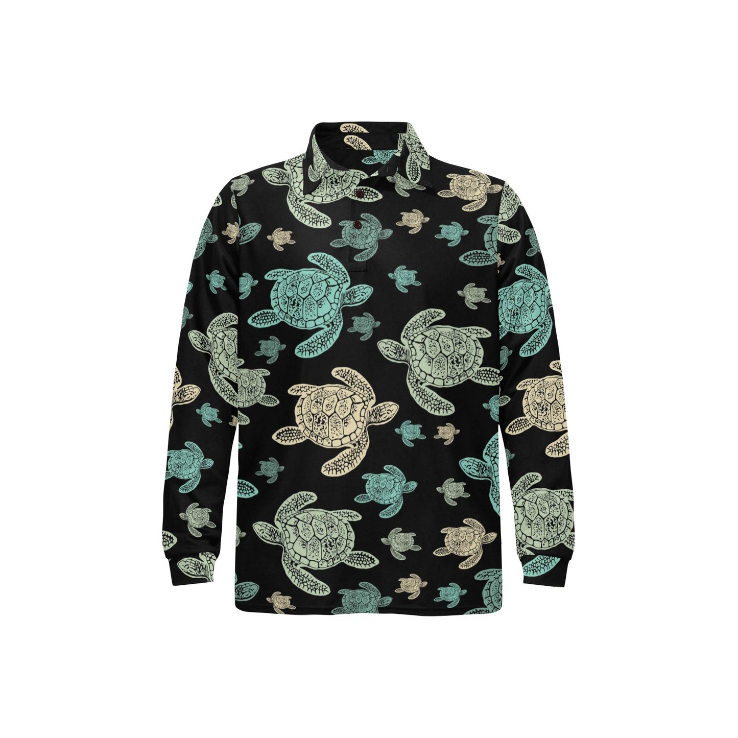 Sea Turtle Stamp Pattern Long Sleeve Polo Shirt For Men's