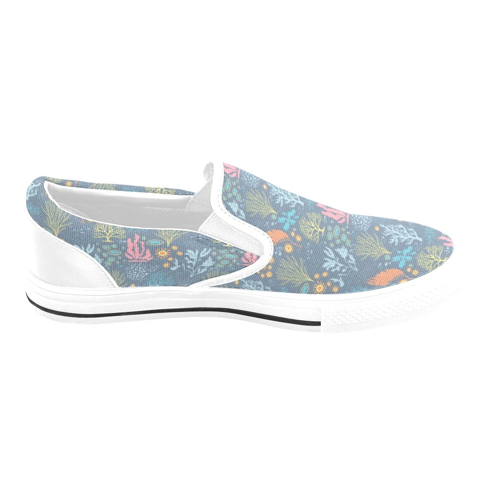 Seaweed Print Design LKS304 White Slip Ons Canvas Women's Shoes