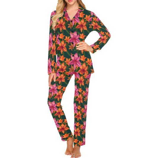 Amaryllis Pattern Print Design AL01 Women's Long Pajama Set