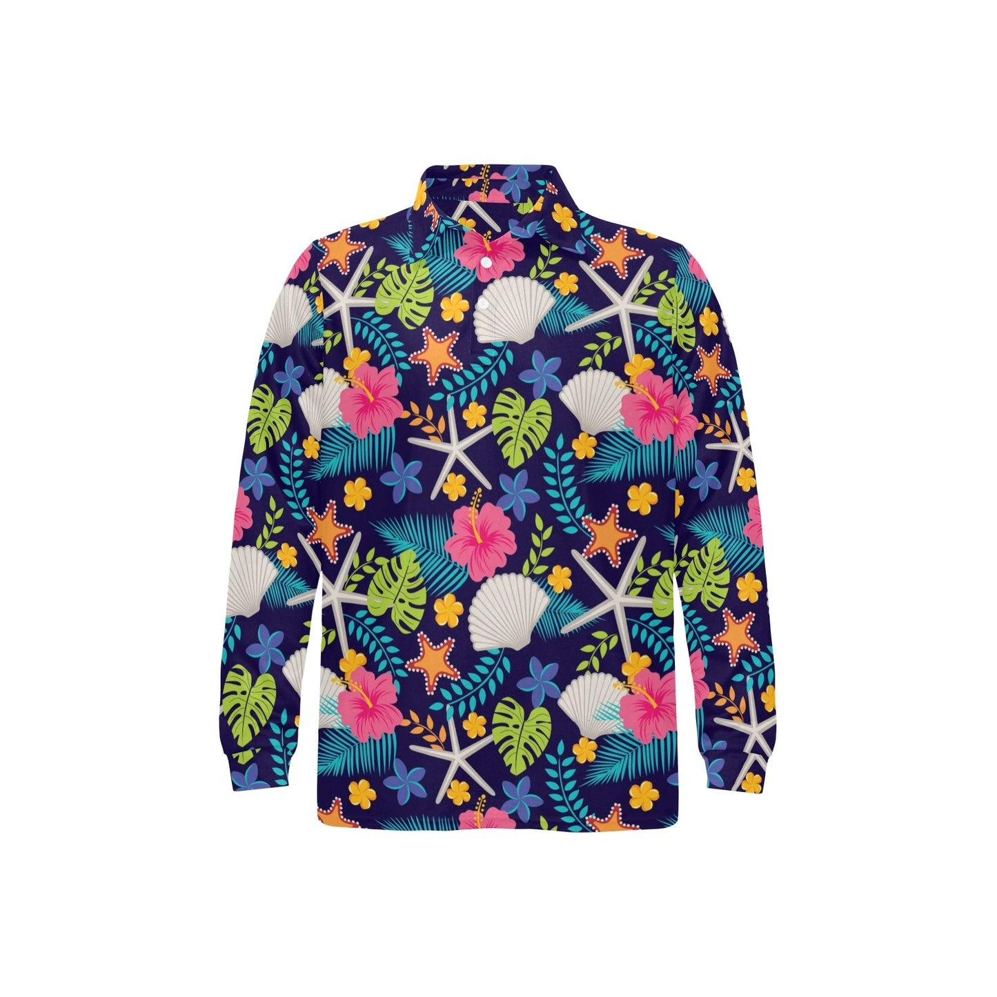 Beach Seashell Floral Theme Long Sleeve Polo Shirt For Men's