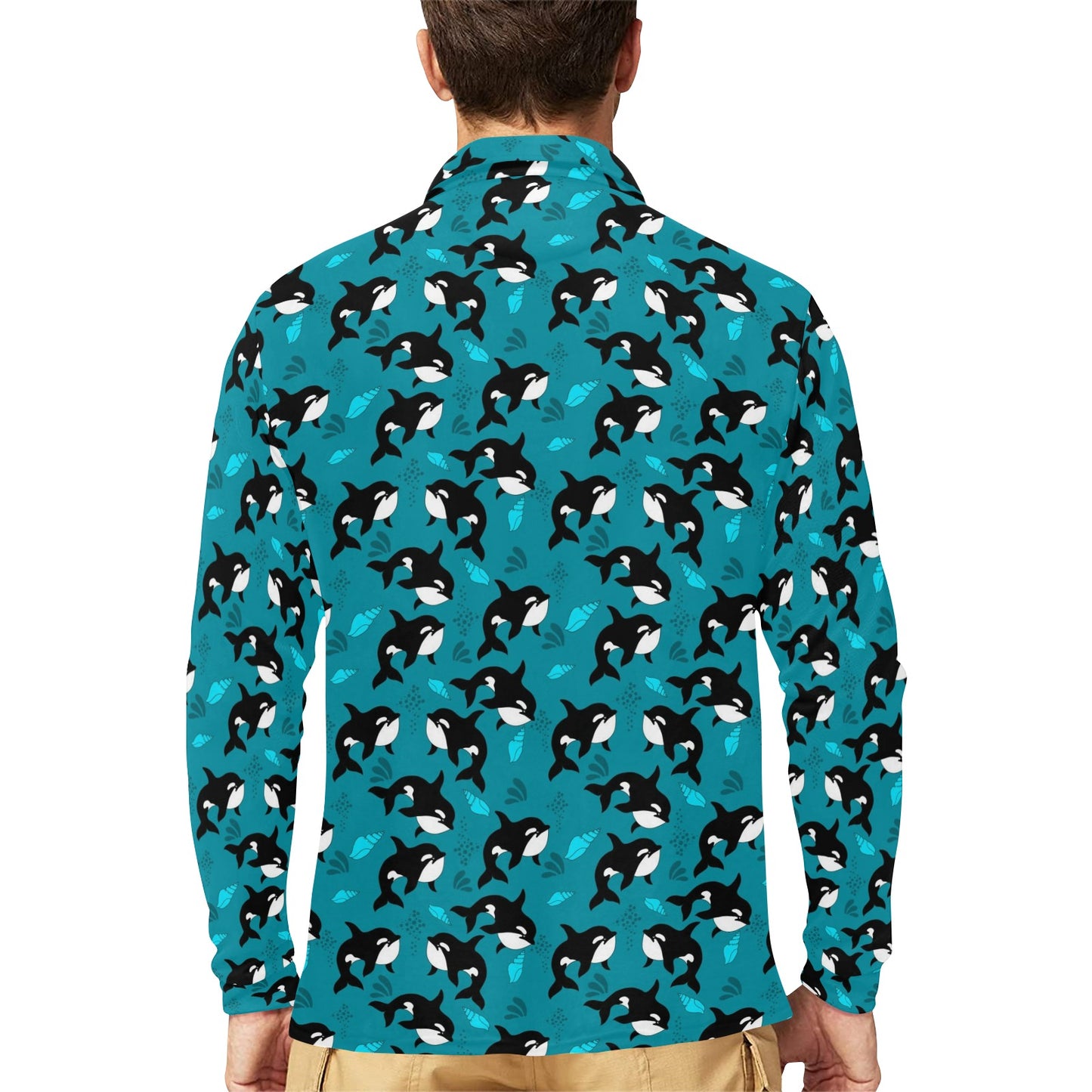 Whale Sea Design Themed Print Long Sleeve Polo Shirt For Men's