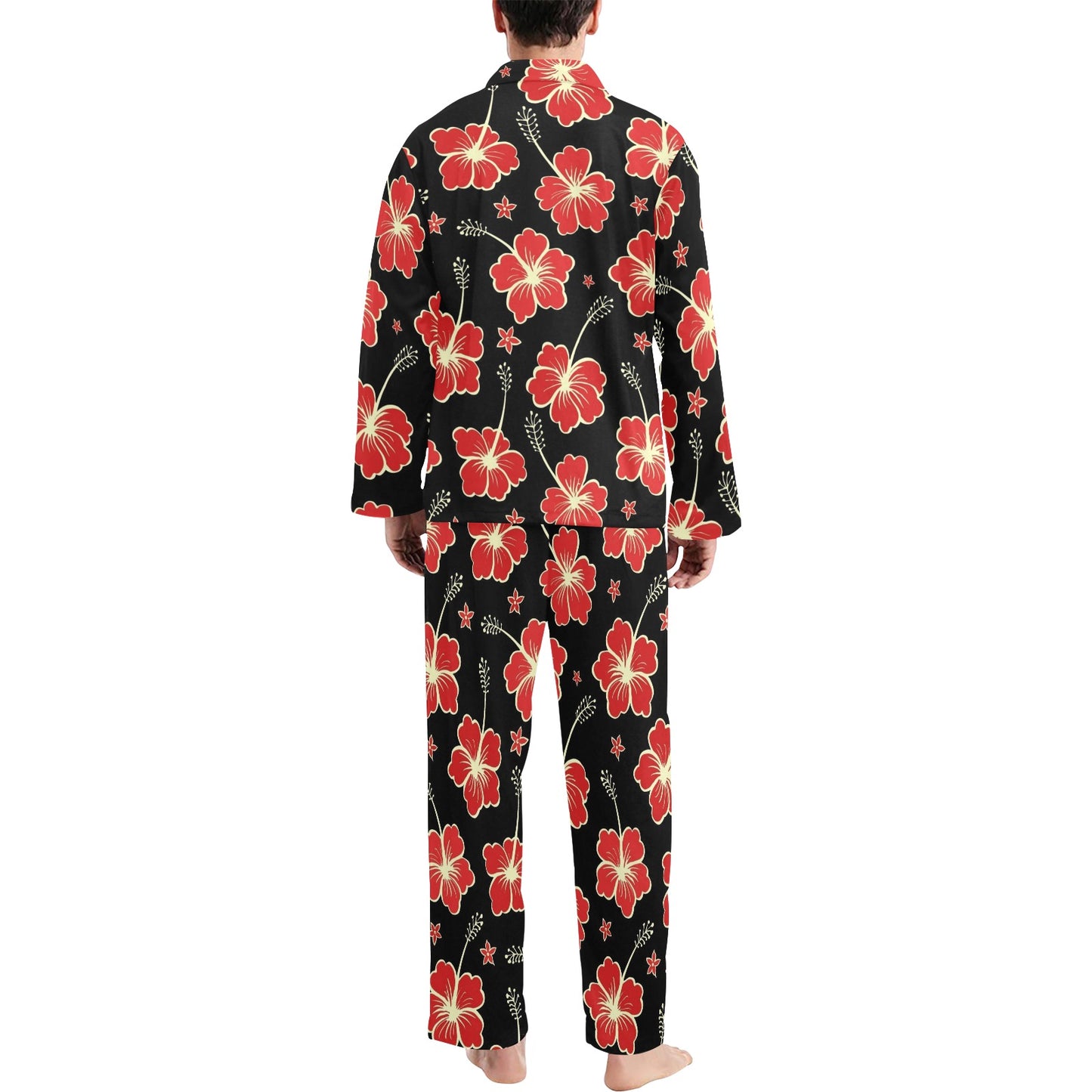 Red Hibiscus Pattern Print Design HB021 Men's Long Pajama Set