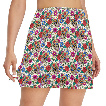 Sugar Skull Colorful Themed Print 17" Golf & Pickleball Skort with Pockets