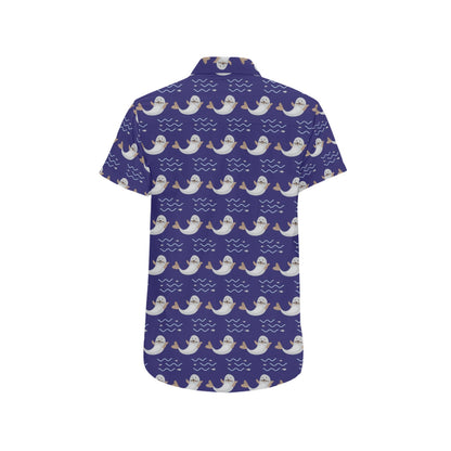 Sea Lion Print Design LKS404 Men Short Sleeve Button Up Shirt