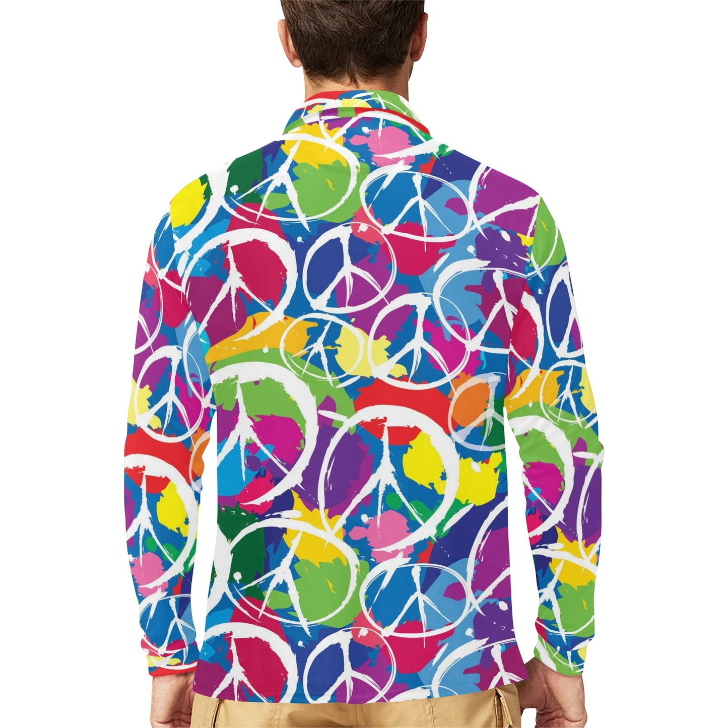 Peace Sign Colorful Pattern Print Design A02 Long Sleeve Polo Shirt For Men's