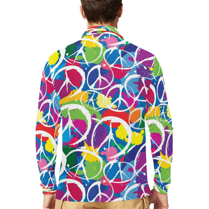 Peace Sign Colorful Pattern Print Design A02 Long Sleeve Polo Shirt For Men's