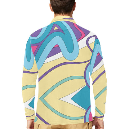 Funky Retro Pattern Print Design A01 Long Sleeve Polo Shirt For Men's