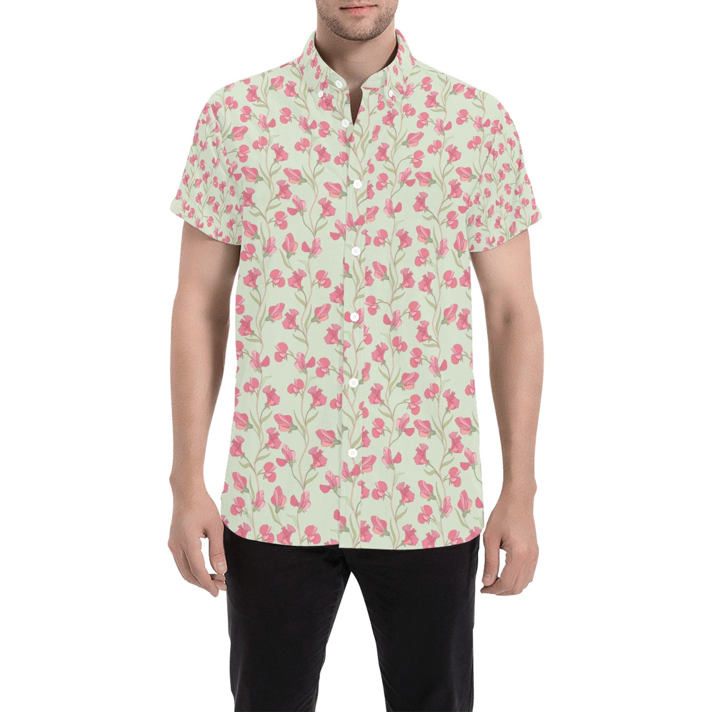 Sweet Pea Print Design LKS301 Men Short Sleeve Button Up Shirt