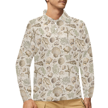 Seashell Print Design LKS304 Long Sleeve Polo Shirt For Men's