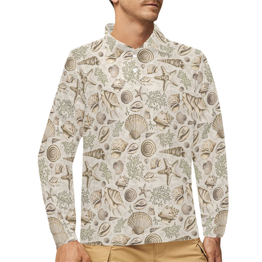 Seashell Print Design LKS304 Long Sleeve Polo Shirt For Men's