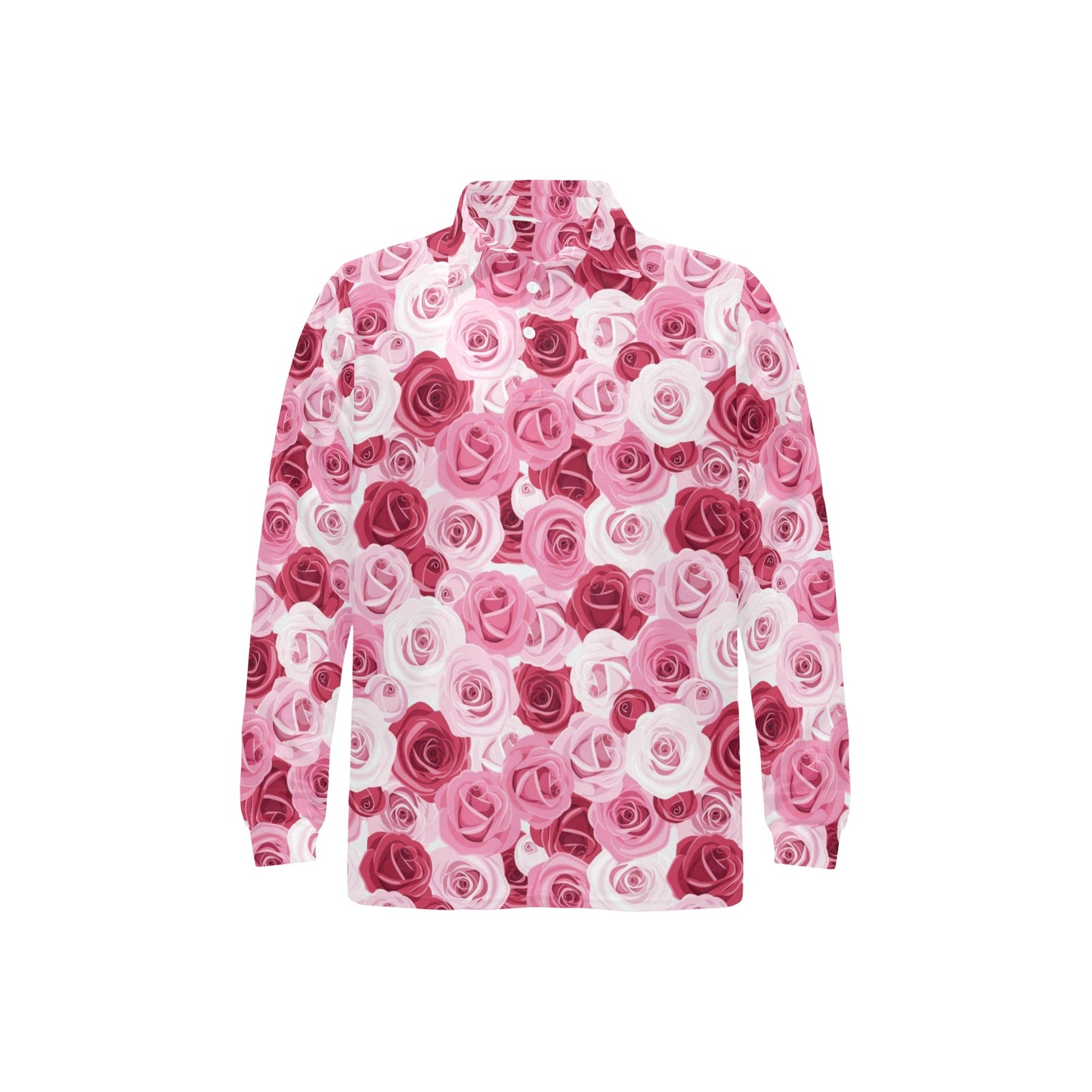 Pink Red Rose Pattern Print Long Sleeve Polo Shirt For Men's
