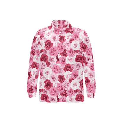 Pink Red Rose Pattern Print Long Sleeve Polo Shirt For Men's