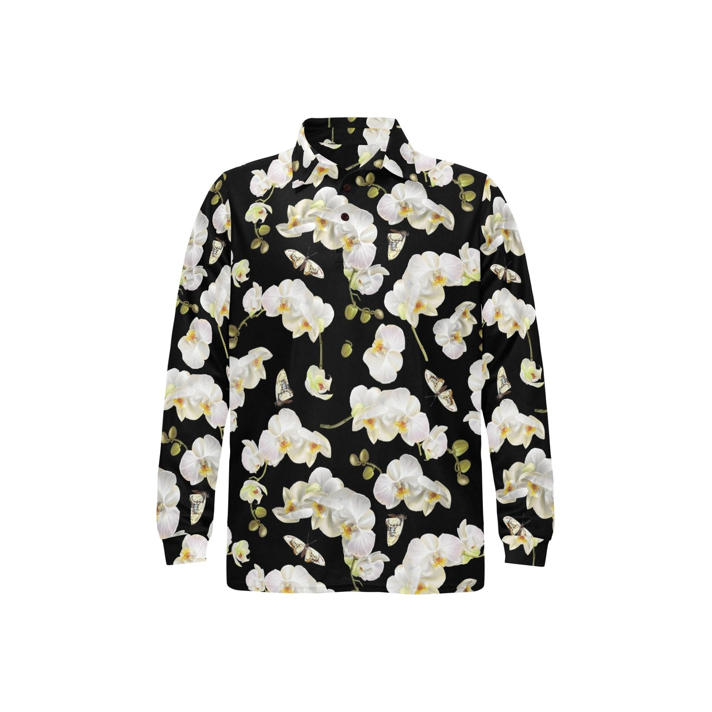 Orchid White Pattern Print Design OR011 Long Sleeve Polo Shirt For Men's
