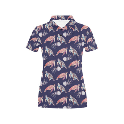Sea Turtle With Jelly Fish Print Design LKS301 Women's Polo Shirt