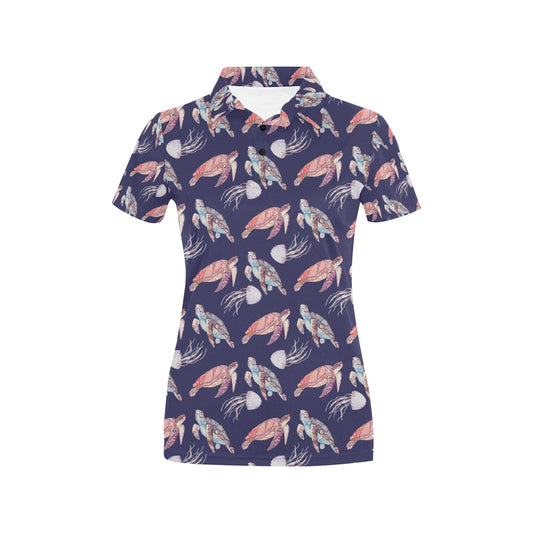 Sea Turtle With Jelly Fish Print Design LKS301 Women's Polo Shirt