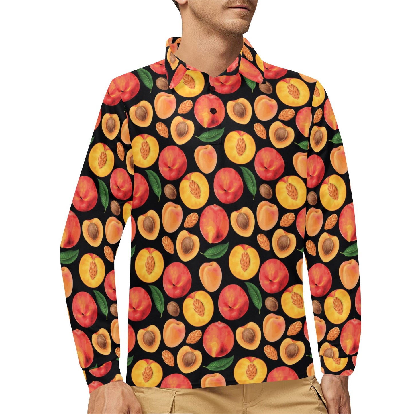 Peach Pattern Print Design A02 Long Sleeve Polo Shirt For Men's