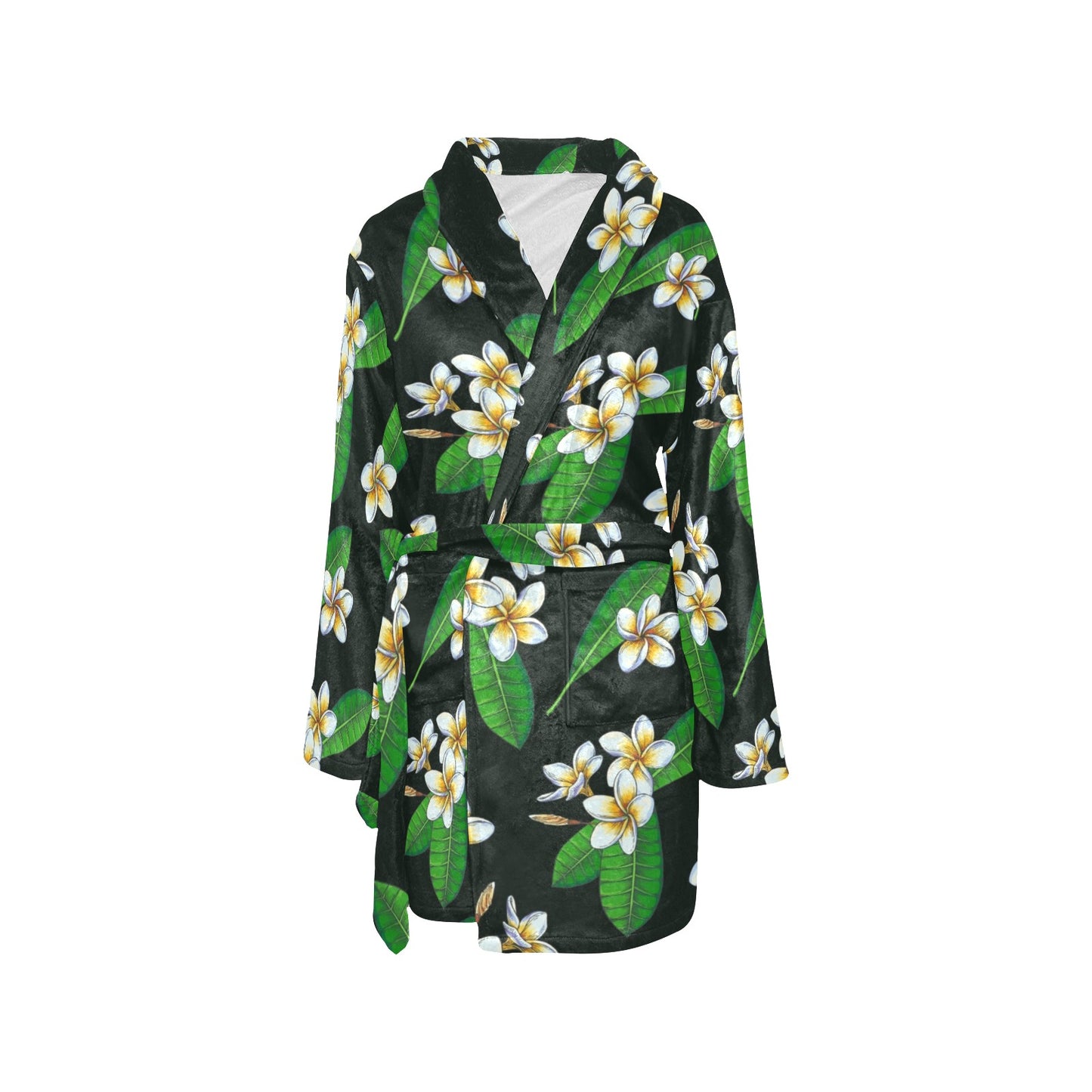 White Plumeria Pattern Print Design PM023 Women's Fleece Robe