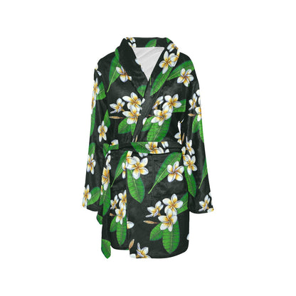 White Plumeria Pattern Print Design PM023 Women's Fleece Robe