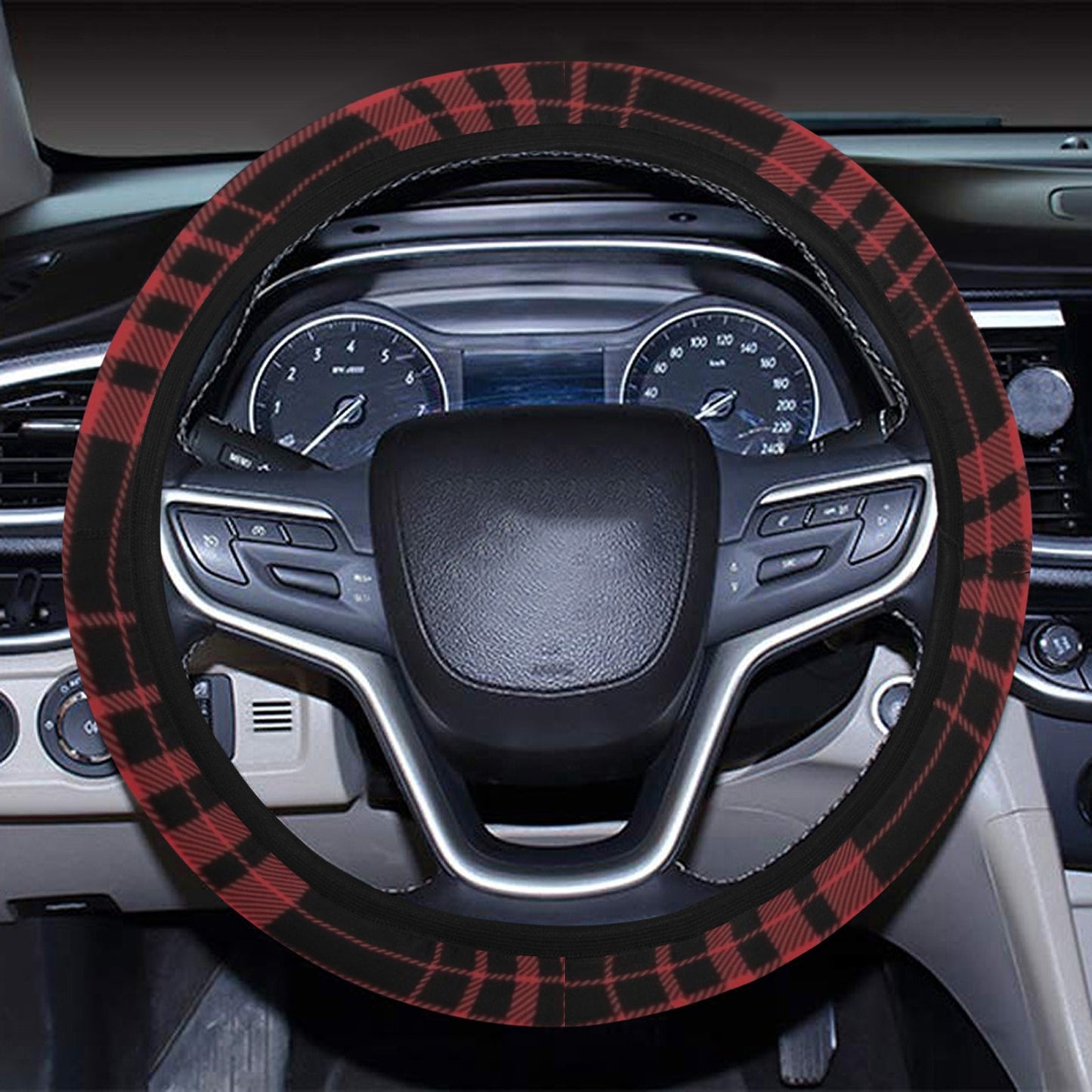 Tartan Red Black Print Design LKS303 Steering Wheel Cover with Elastic Edge